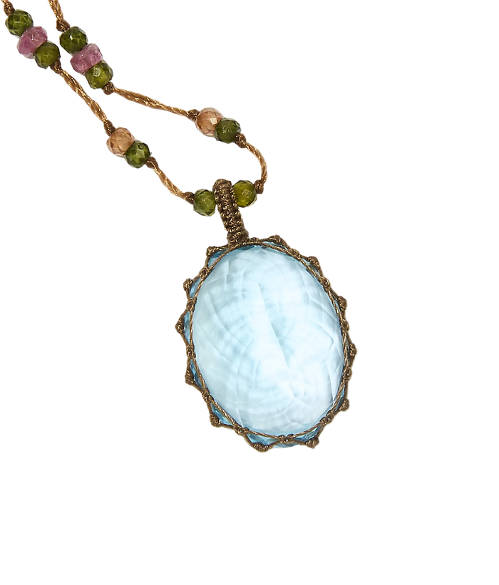 Sautoir tibétain - Topaze Bleue - Mix Tourmaline - Fil Tabac