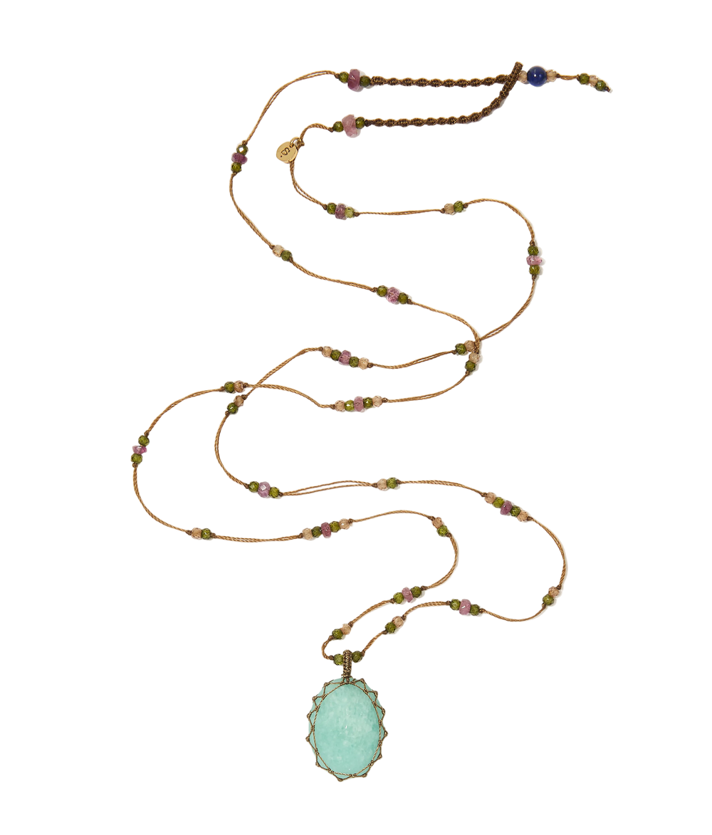 Sautoir tibétain - Amazonite - Mix Tourmaline Rose - Fil Tabac