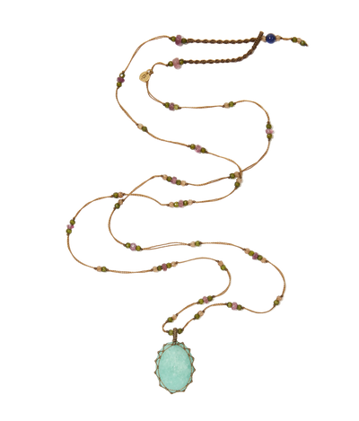 Collana tibetana corta - Amazzonite blu - Mix Tsavorite - Filo di tabacco