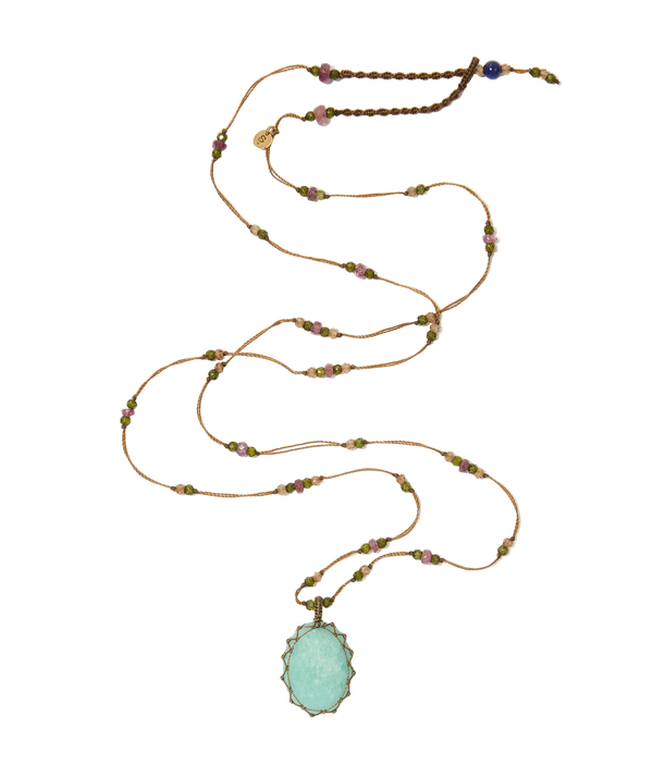 Sautoir tibétain - Amazonite - Mix Tourmaline Rose - Fil Tabac