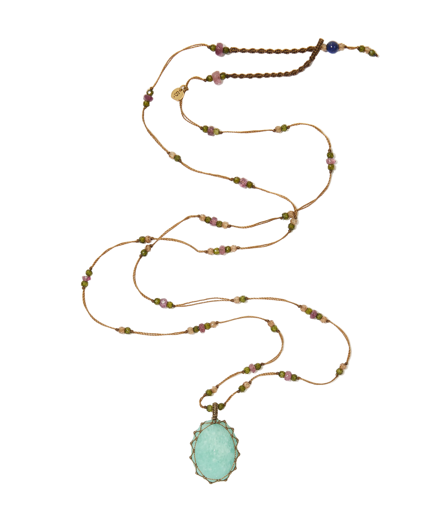 Sautoir tibétain - Amazonite - Mix Tourmaline Rose - Fil Tabac