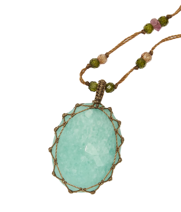 Sautoir tibétain - Amazonite - Mix Tourmaline Rose - Fil Tabac
