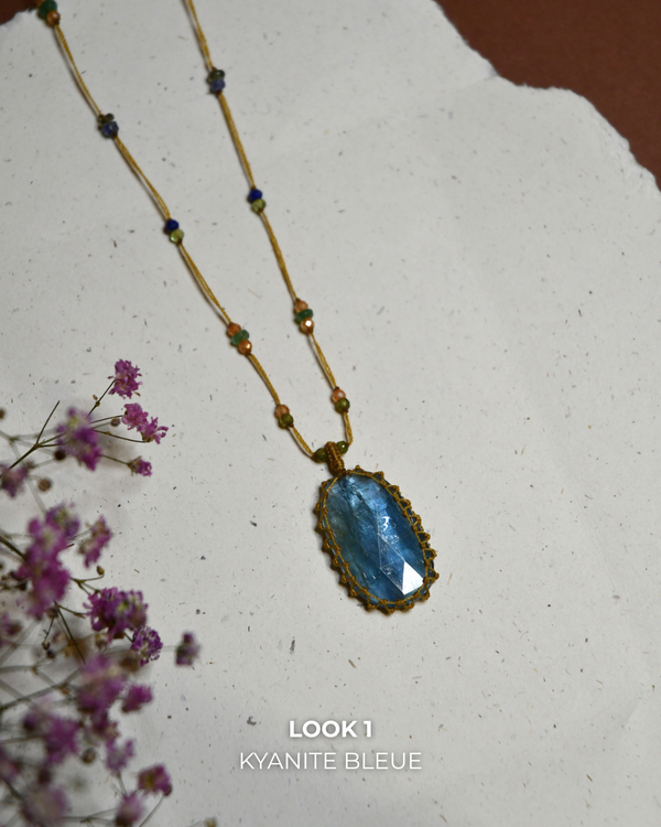 Long Tibetan Necklace - Teal Blue Kyanite - Mixed Tourmaline - Beige Thread