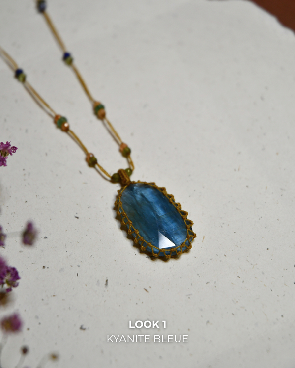 Long Tibetan Necklace - Teal Blue Kyanite - Mixed Tourmaline - Beige Thread