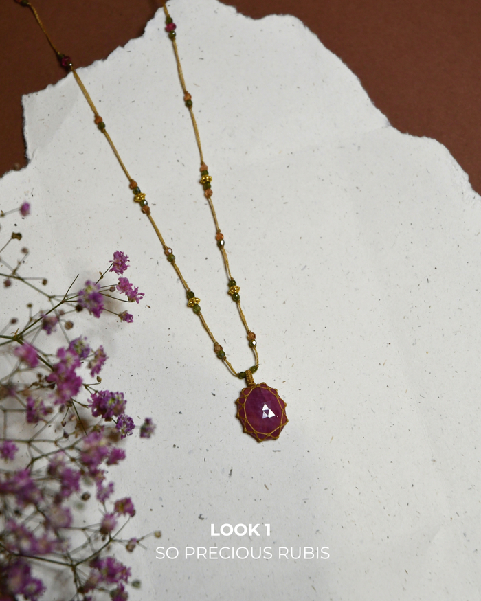 Collier tibétain So Precious - Rubis - Mix tourmaline Rose - Fil Beige