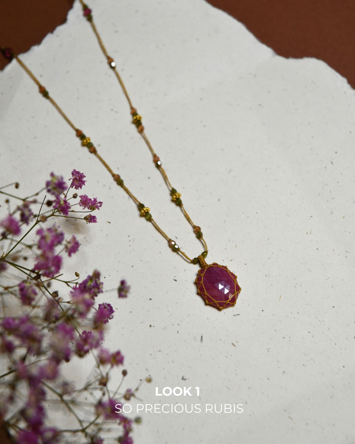 Collier tibétain So Precious - Rubis - Mix tourmaline Rose - Fil Beige
