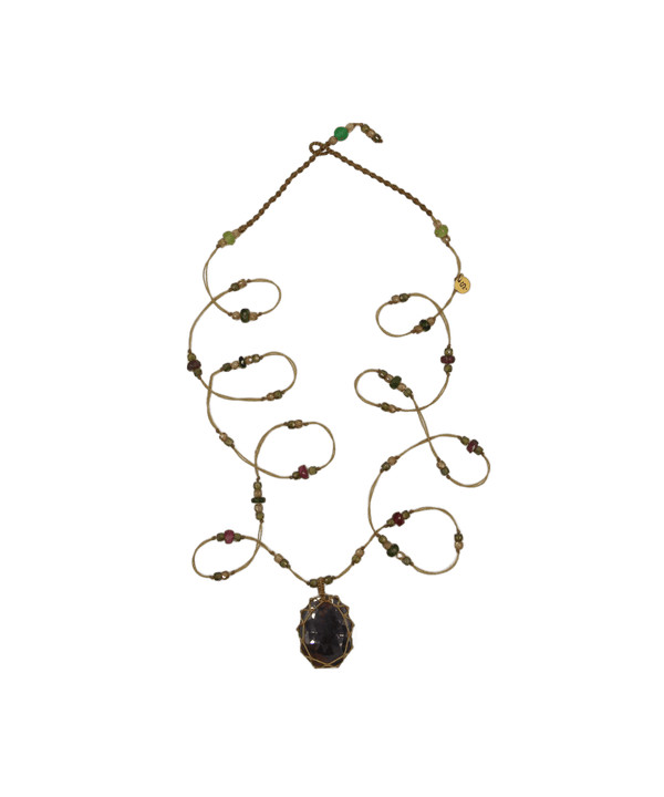 Sautoir Tibétain - Corundum Marron - Mix Tsavorite - Fil Beige