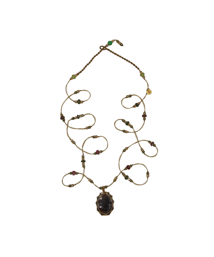 Sautoir Tibétain - Corundum Marron - Mix Tsavorite - Fil Beige