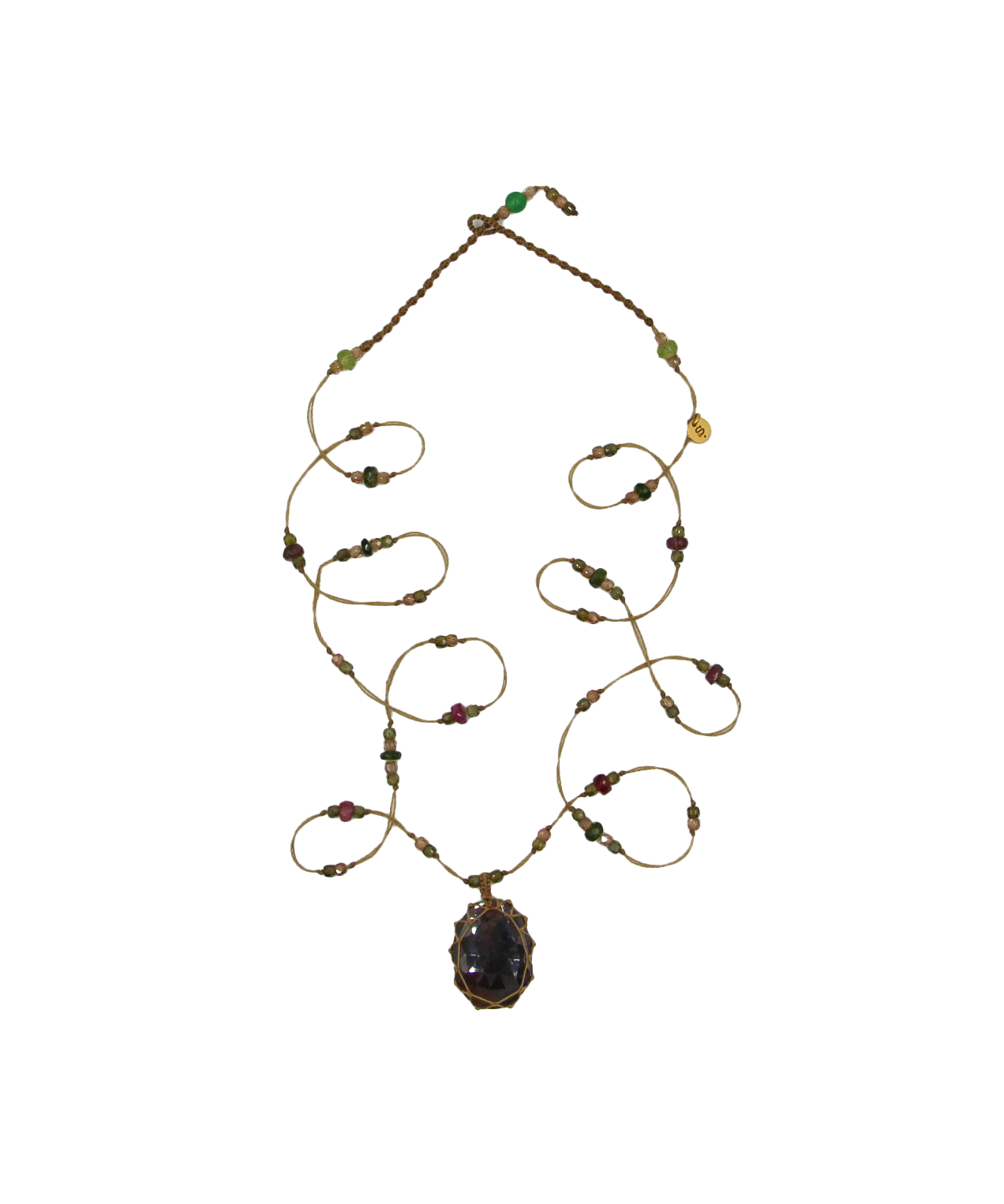 Tibetan Long Necklace - Brown Corundum - Mix Multi Stones - Beige Thread