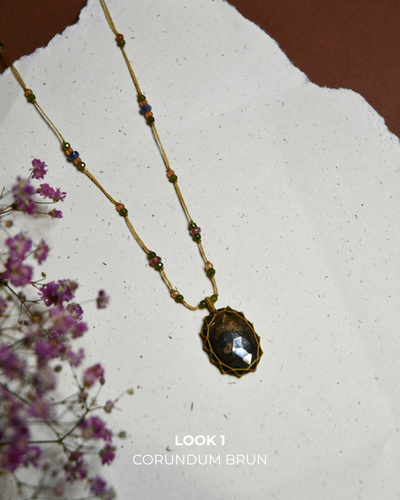Sautoir Tibétain - Corundum Brun – Mix Tourmaline Rose – Fil Beige