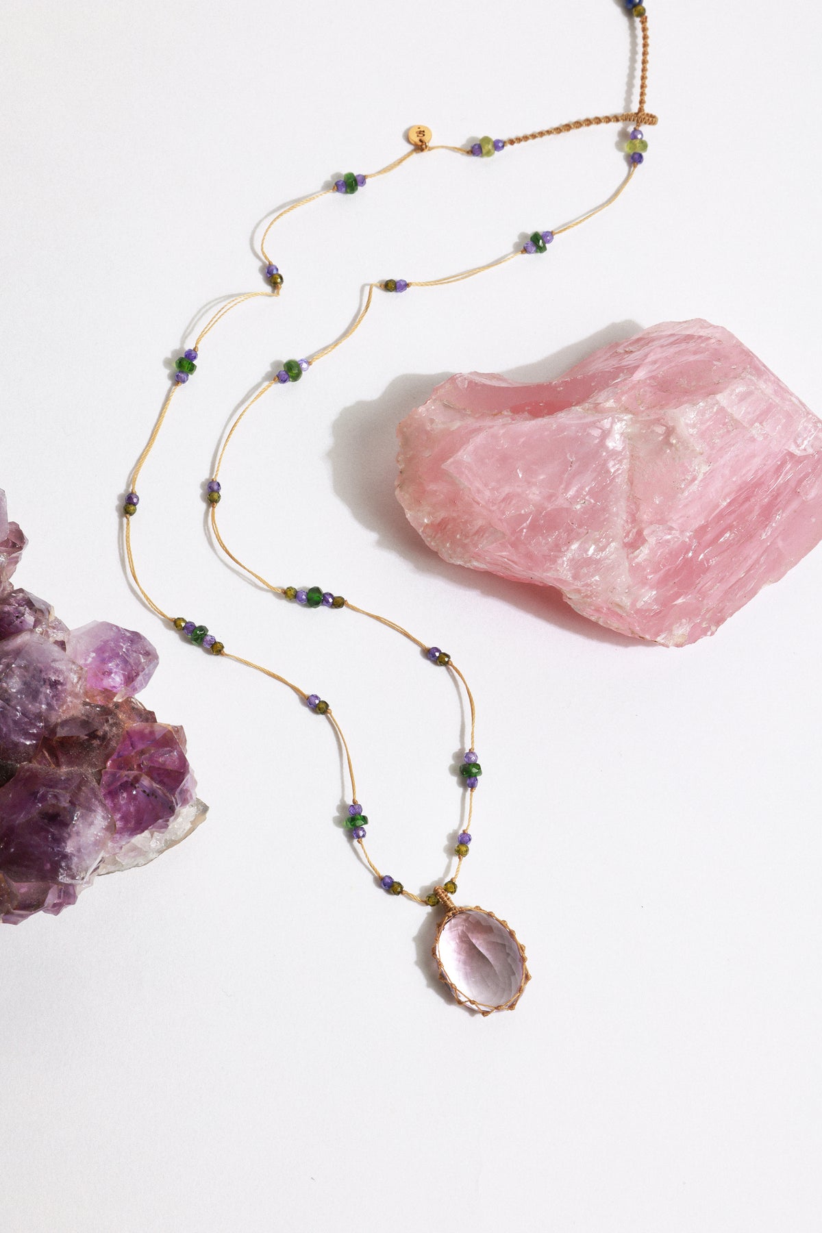 Collier Court Tibétain - Améthyste Violette Claire - Mix Tourmaline Rose - Fil Tabac