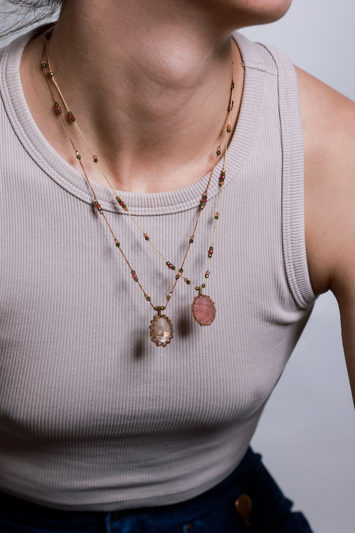 Tibetan Short Necklace - Strawberry Rose Quartz - Mix Pink Tourmaline - Beige Thread