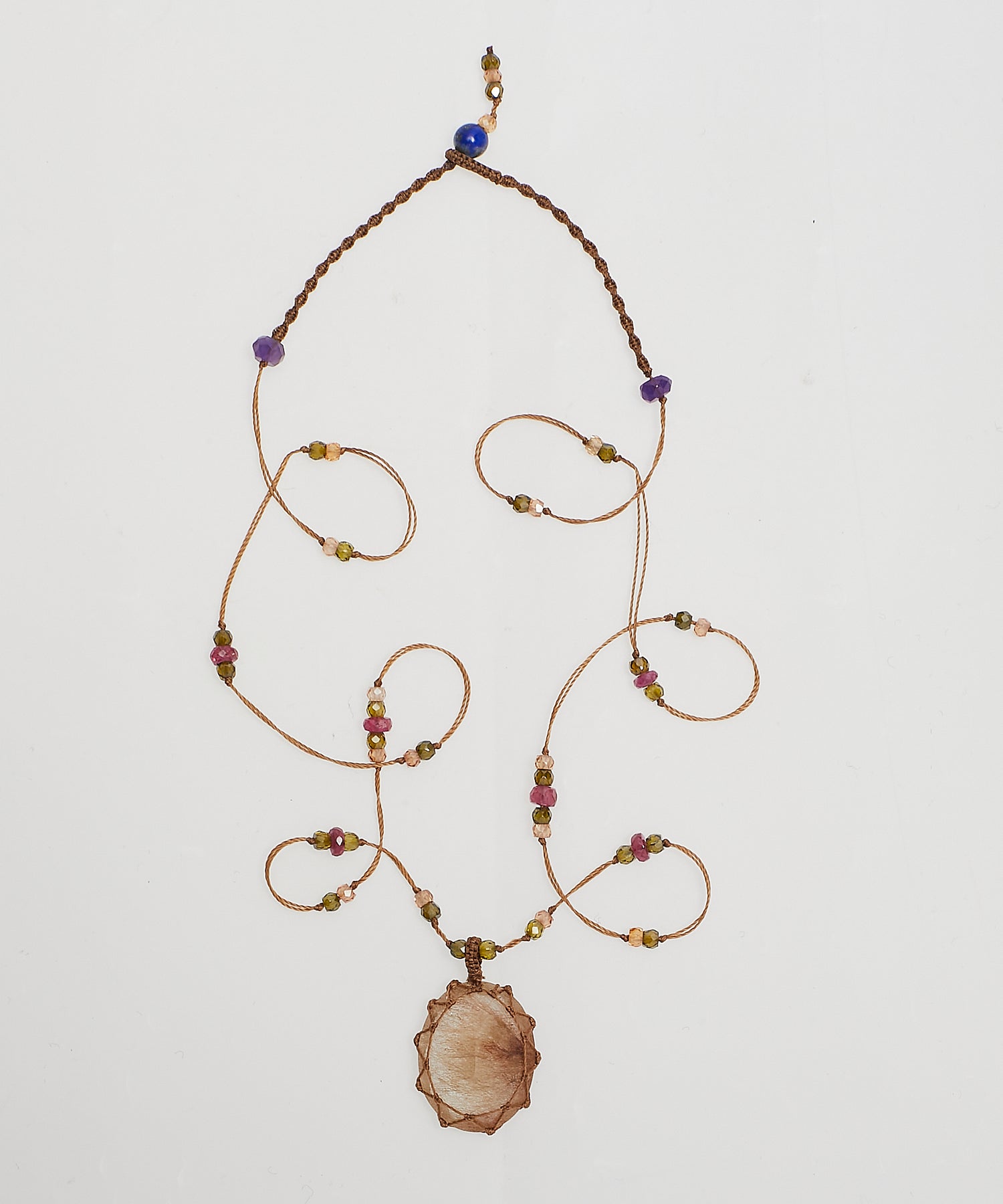 Collier Court Tibétain - Quartz Rutile Copper - Mix Tourmaline Rose - Fil Tabac