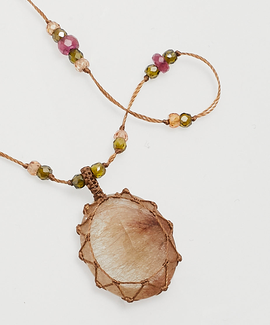 Collier Court Tibétain - Quartz Rutile Copper - Mix Tourmaline Rose - Fil Tabac