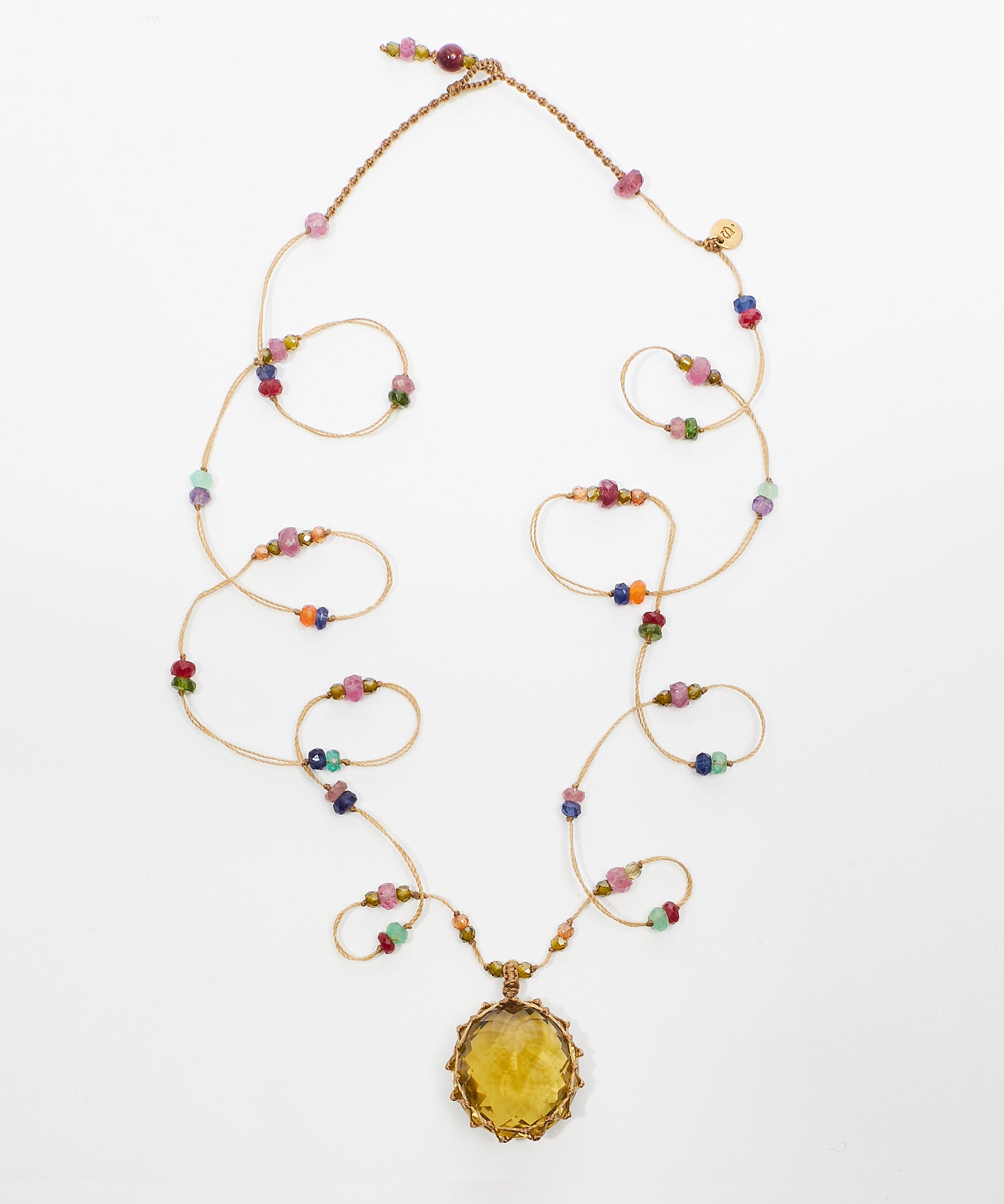 Tibetan Short Necklace - Olive Quartz - Mix Pink Tourmaline - Beige Thread