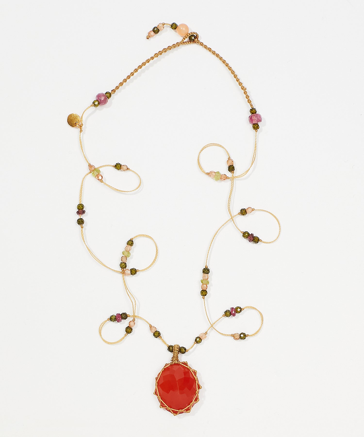 Tibetan Short Necklace - Orange Onyx - Mix Pink Tourmaline - Beige Thread