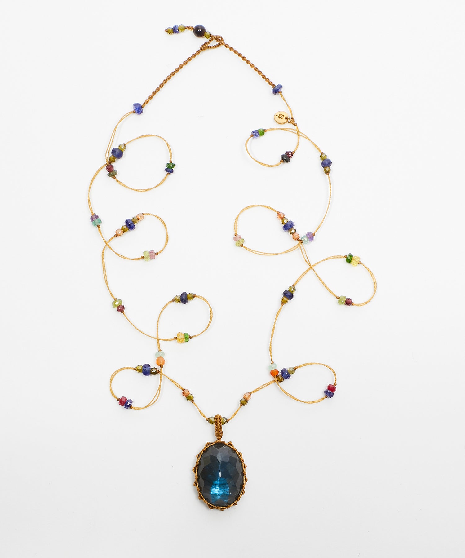 Tibetan Long Necklace - Blue Fire Labradorite - Mix Multi Stones - Beige Thread