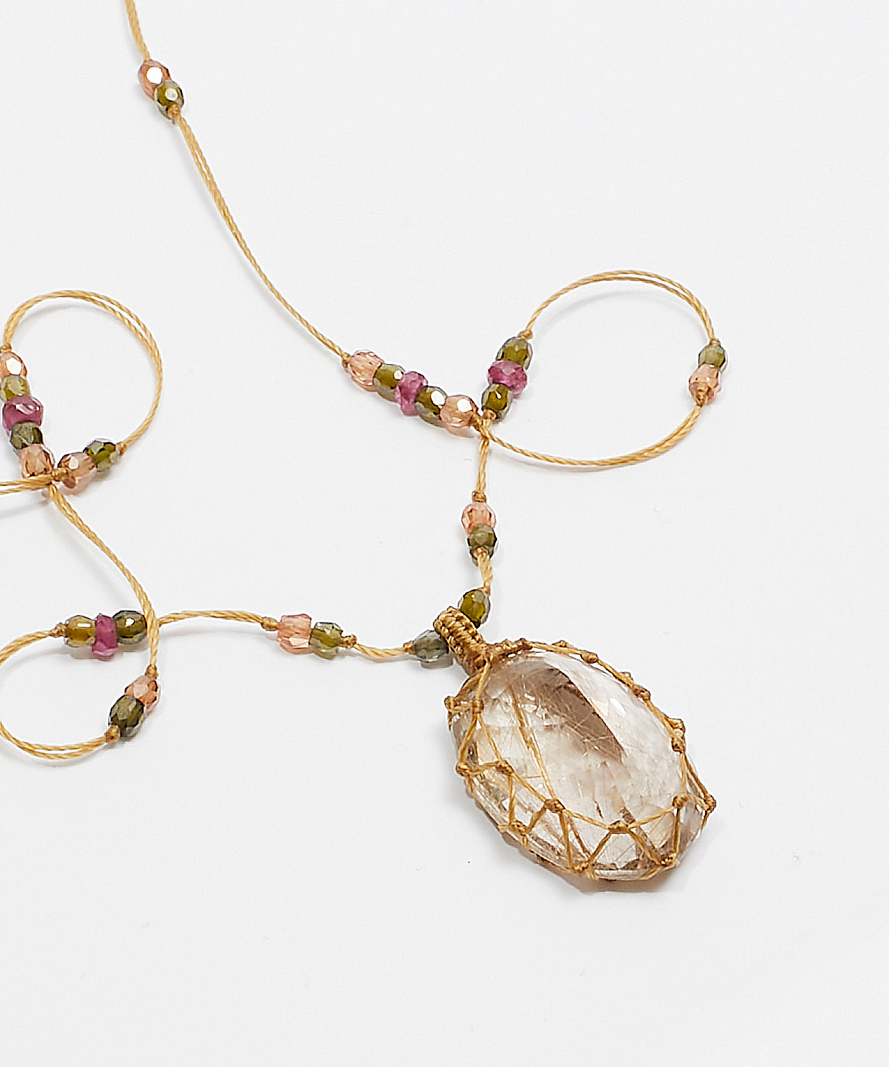 Collier Court Tibétain - Quartz Rutile Or - Mix Tourmaline Rose - Fil Beige