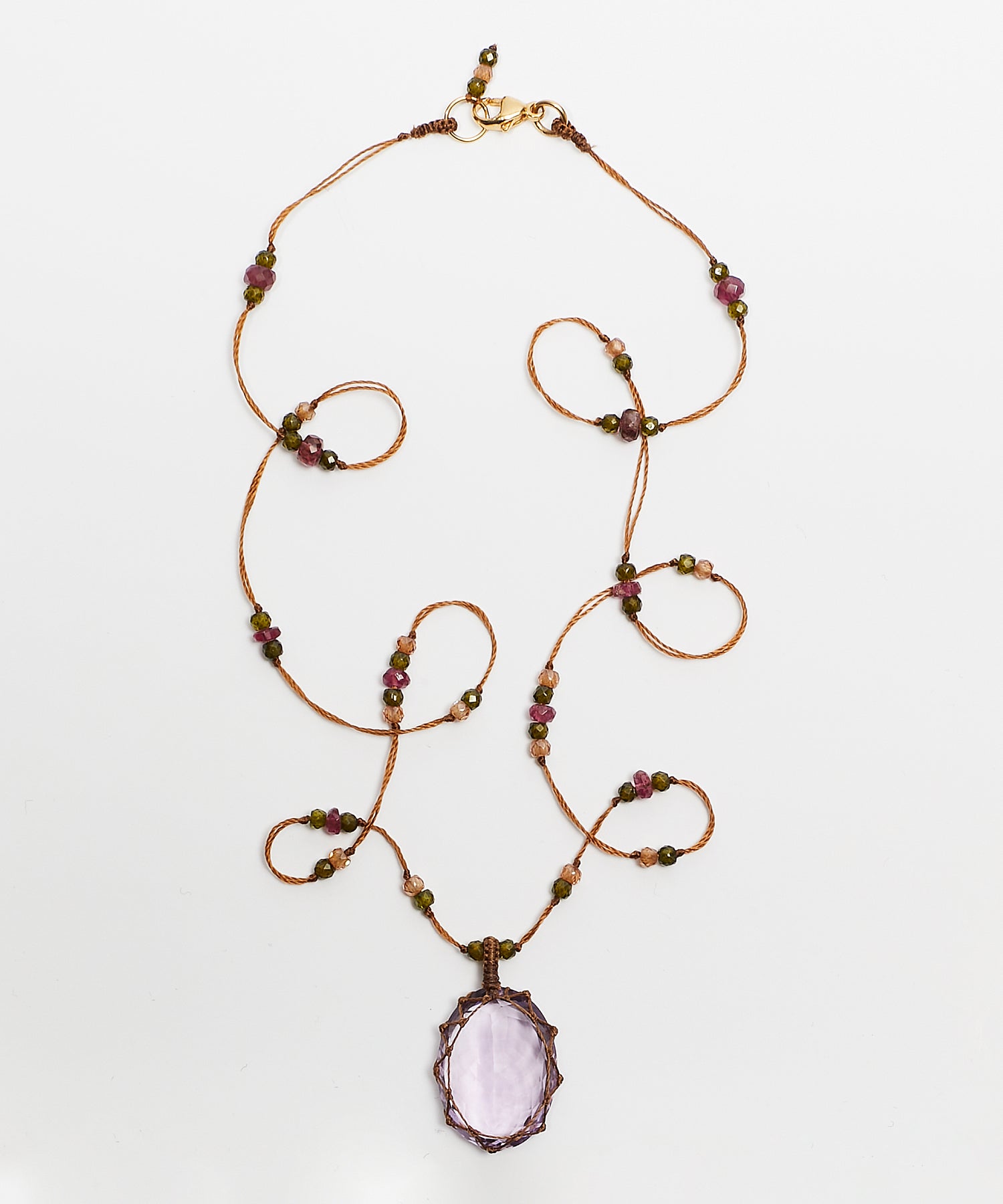 Collier Court Tibétain - Améthyste Violette Claire - Mix Tourmaline Rose - Fil Tabac