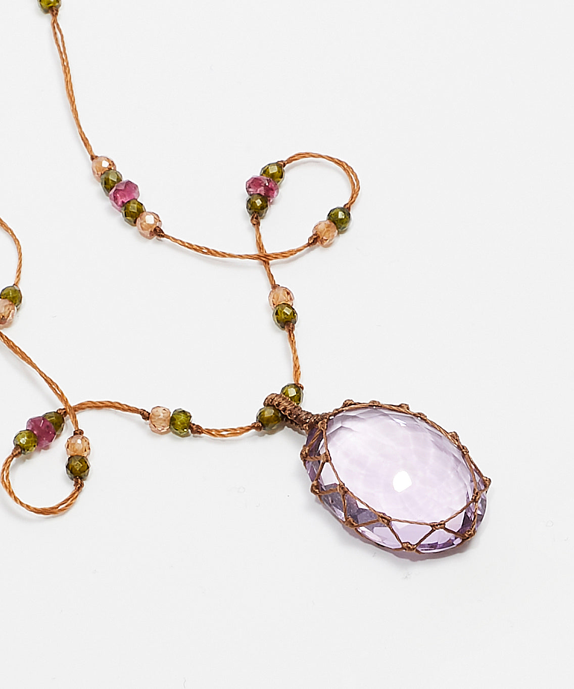 Short Tibetan Necklace - Light Violet Amethyst - Mix Pink Tourmaline - Beige Thread