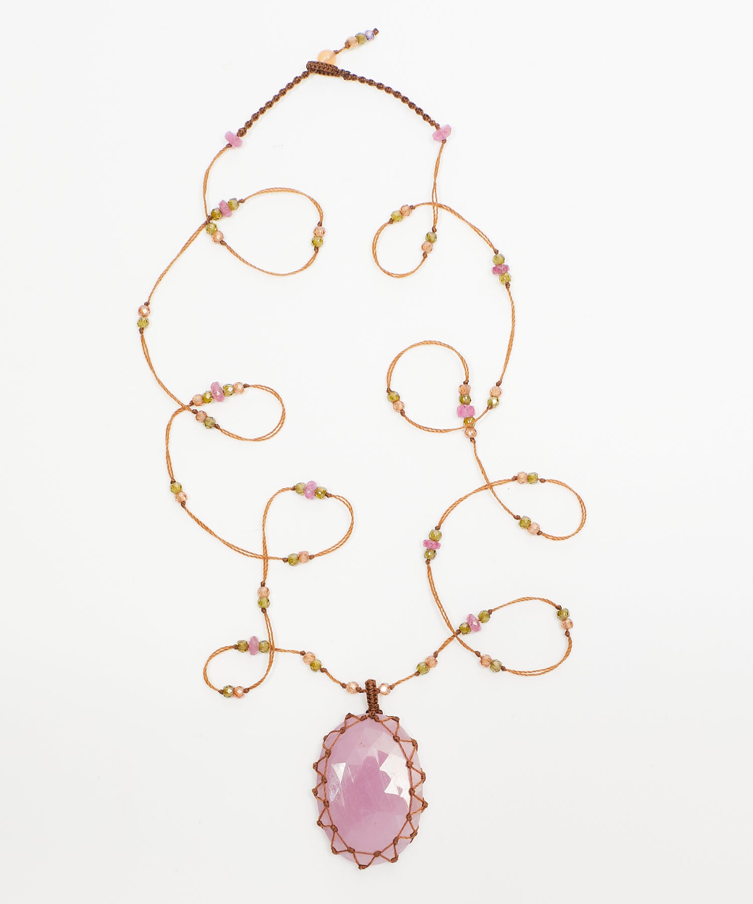 Tibetan Long Necklace - Pink Corundum - Pink Tourmaline Mix - Tobacco Thread