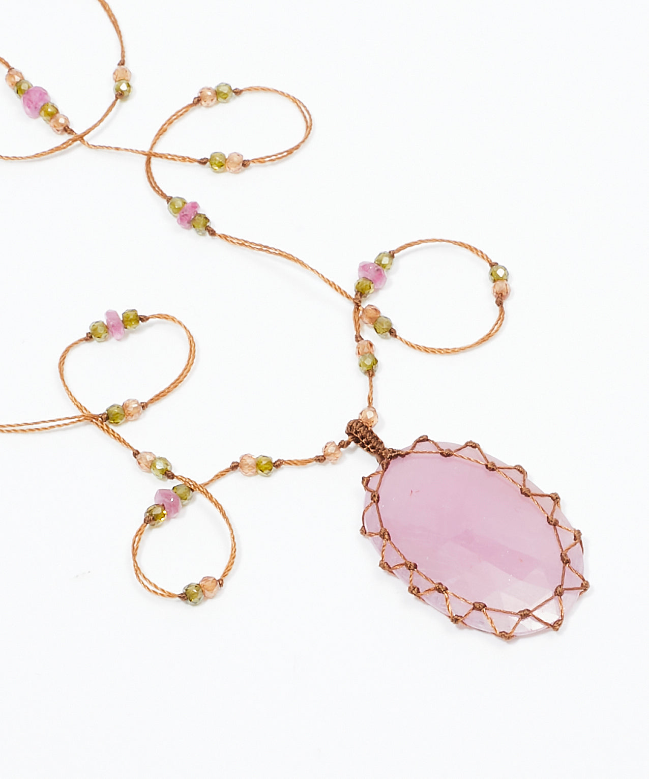 Sautoir Tibétain - Corundum Rose - Mix Tourmaline Rose - Fil Beige