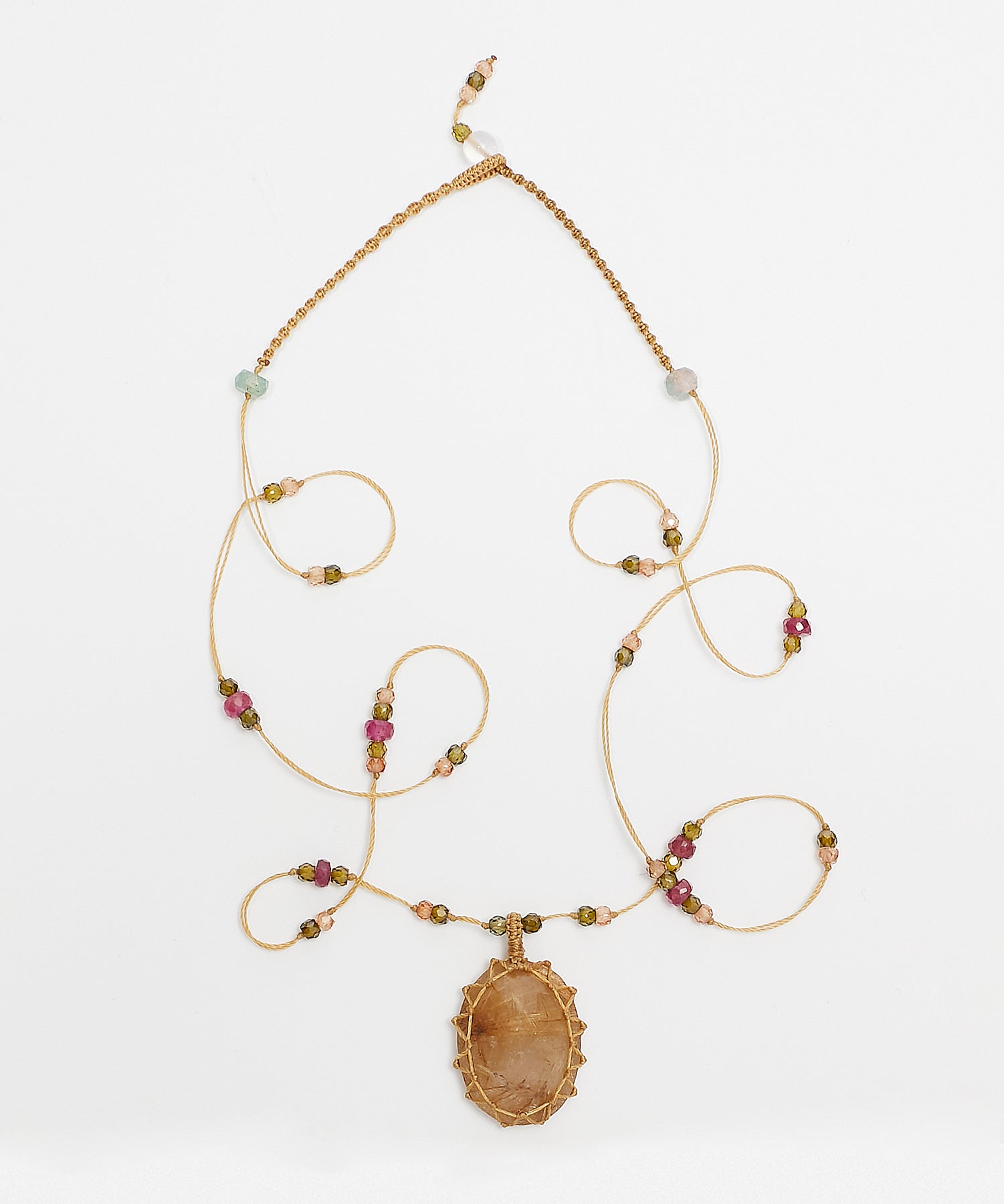 Collier Court Tibétain - Quartz Rutile Copper - Mix Tourmaline Rose - Fil Beige