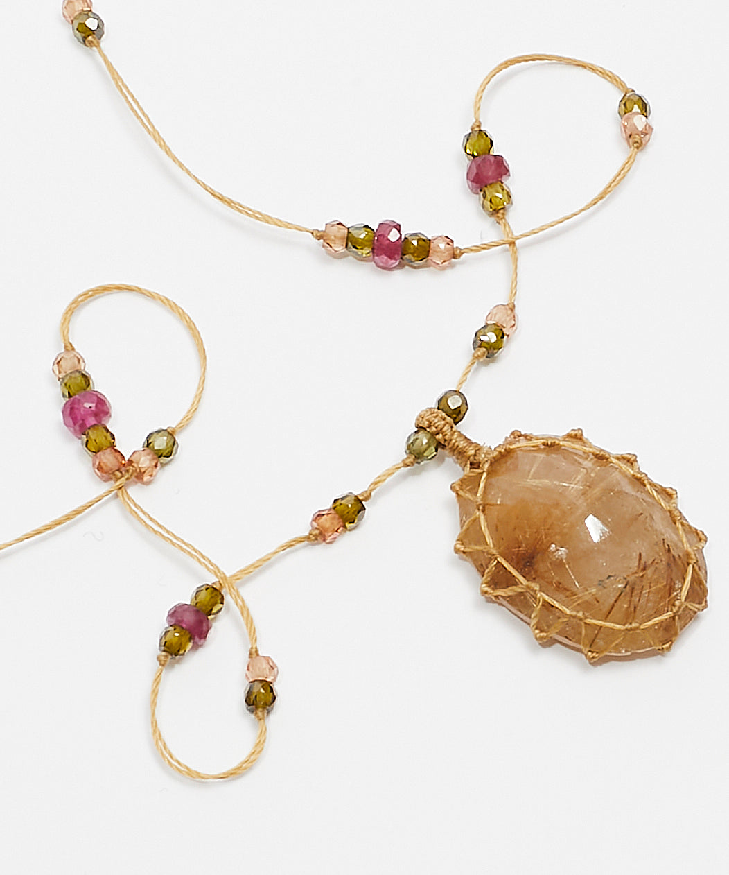 Collier Court Tibétain - Quartz Rutile Copper - Mix Tourmaline Rose - Fil Beige