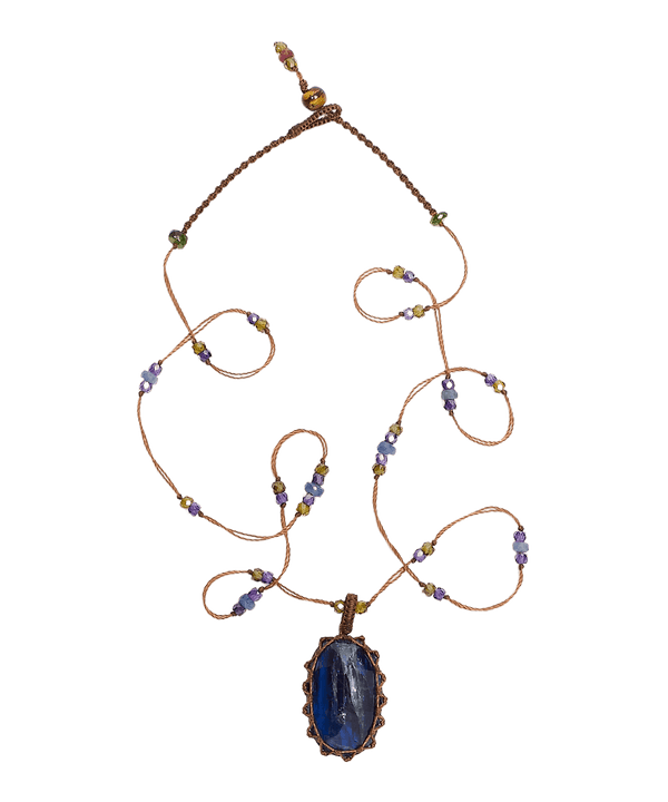Collier Court Tibétain - Kyanite Bleue - Mix Saphir - Fil Tabac