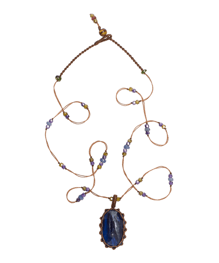 Short Tibetan Necklace - Blue Kyanite - Sapphire Mix - Tobacco Thread