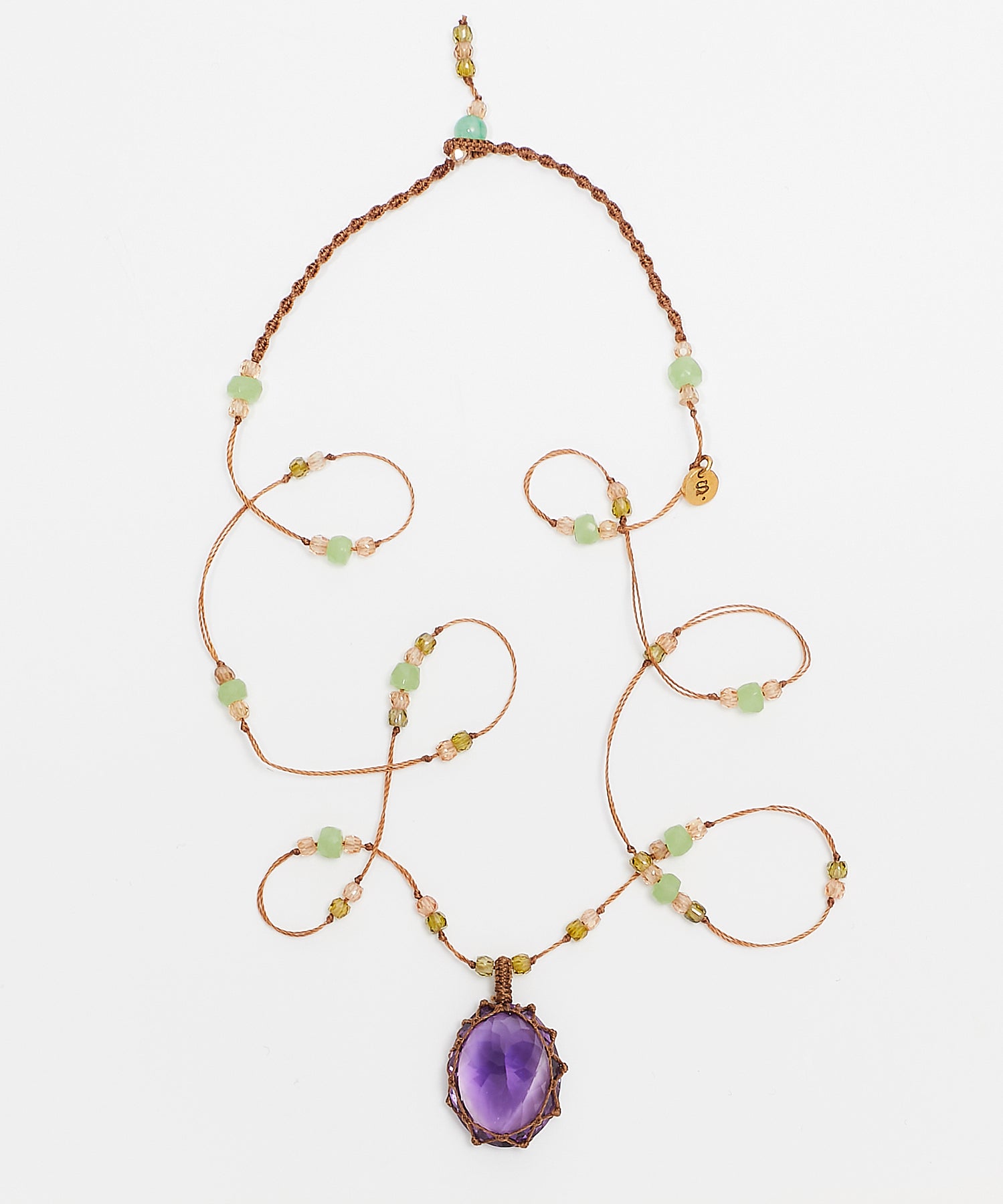 Collier Court Tibétain - Améthyste Violette Foncée - Mix Chrysoprase - Fil Tabac