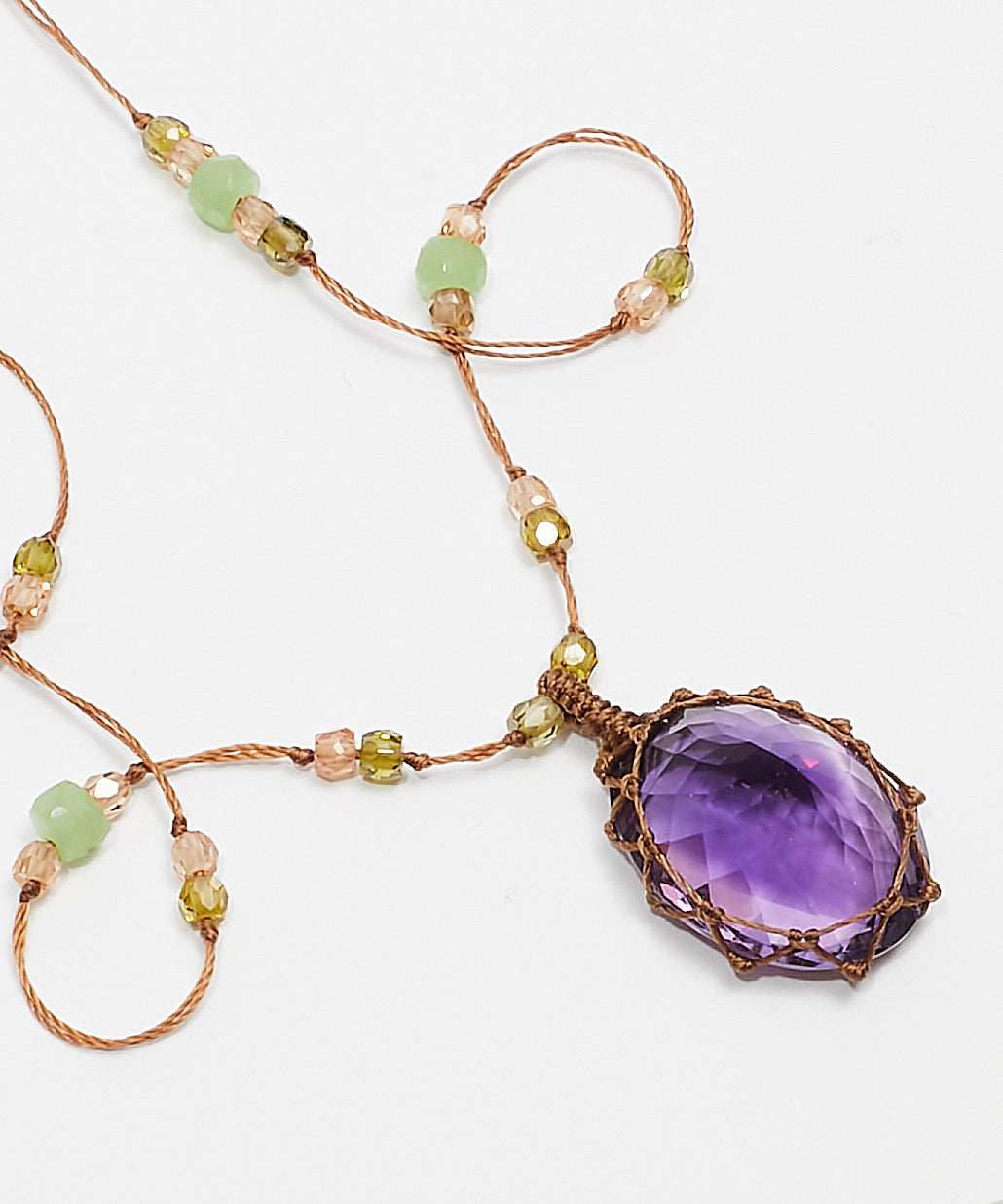 Collier Court Tibétain - Améthyste Violette Foncée - Mix Chrysoprase - Fil Tabac