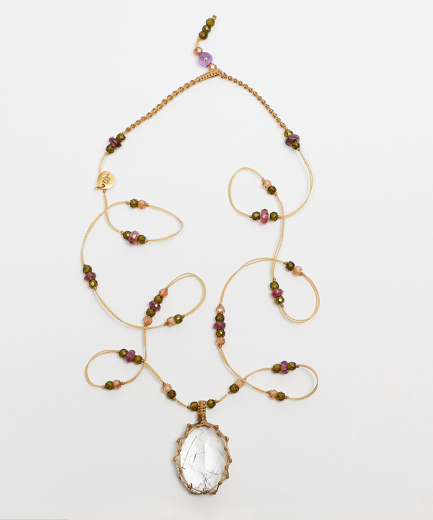 Collier Court Tibétain - Quartz Rutile Noir - Mix Tourmaline Rose - Fil Beige