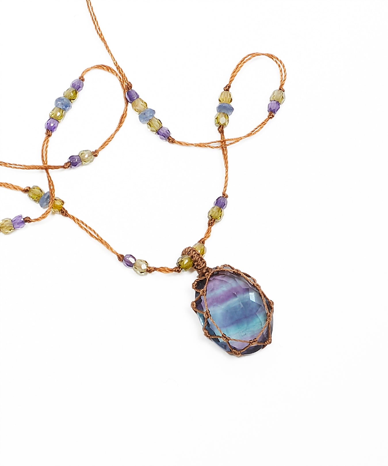 Collier Court Tibétain - Fluorite Rainbow - Mix Saphir - Fil Beige