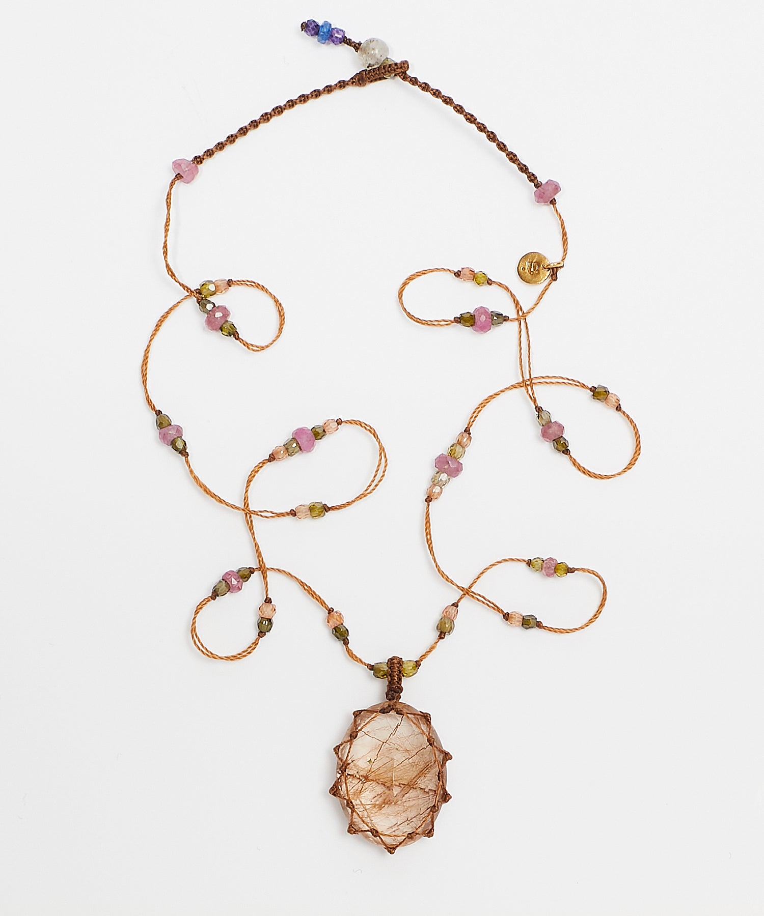 Collier Court Tibétain - Quartz Rutile Copper - Mix Tourmaline Rose - Fil Tabac