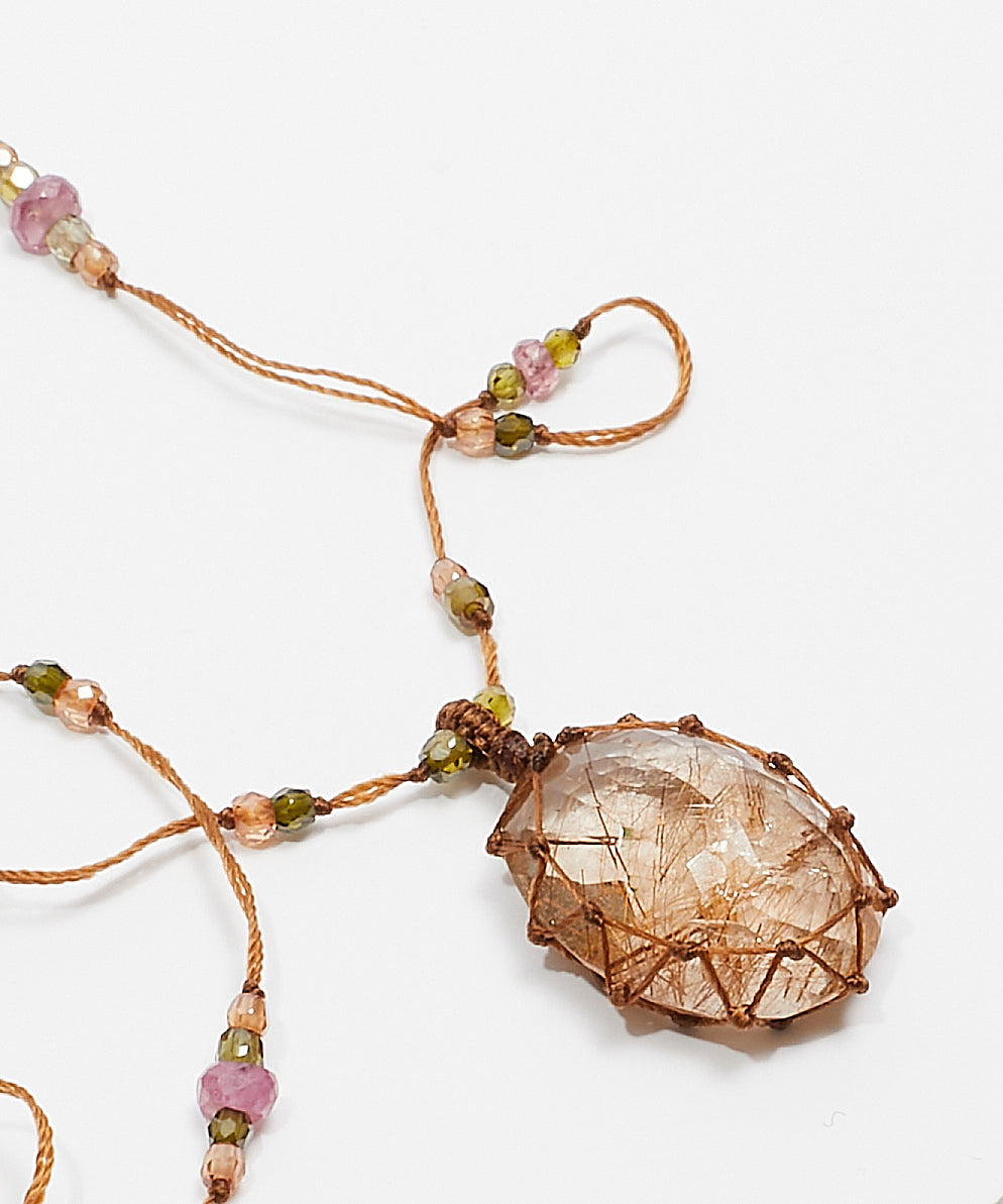 Collier Court Tibétain - Quartz Rutile Copper - Mix Tourmaline Rose - Fil Tabac