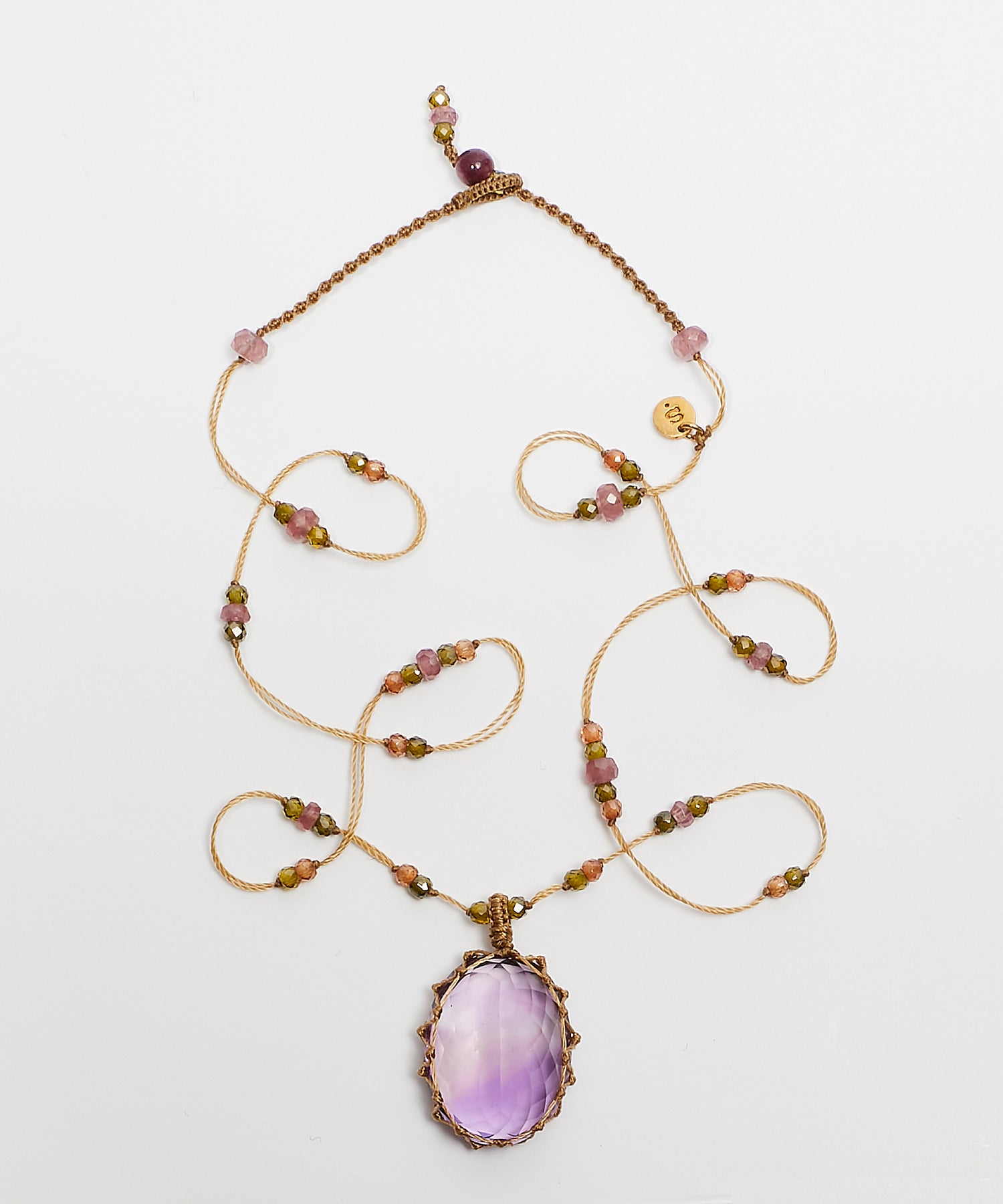 Collier Court Tibétain - Améthyste Violette Claire - Mix Tourmaline Rose - Fil Beige