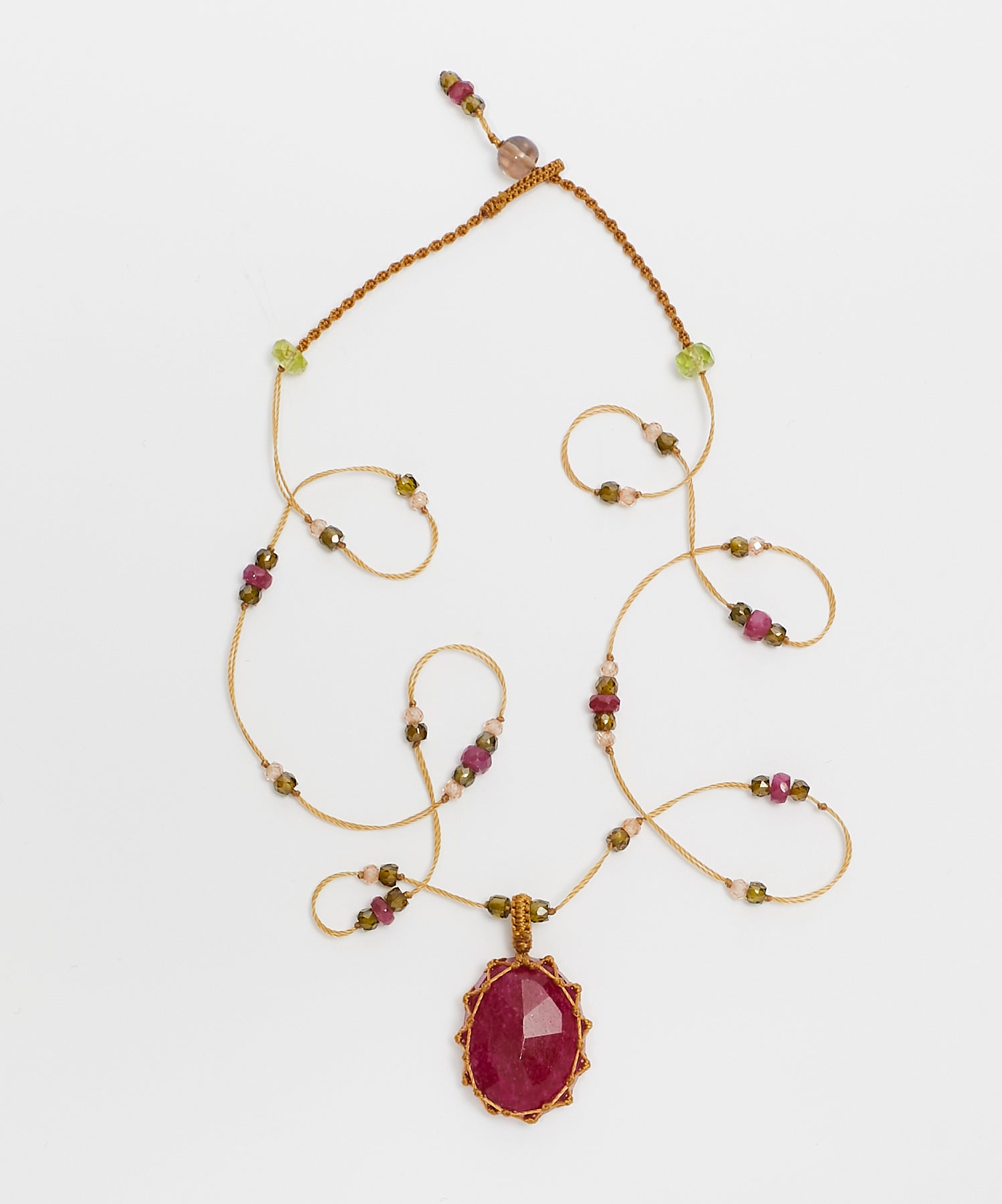 Collier Court Tibétain - Rubellite - Mix Tourmaline Rose - Fil Beige