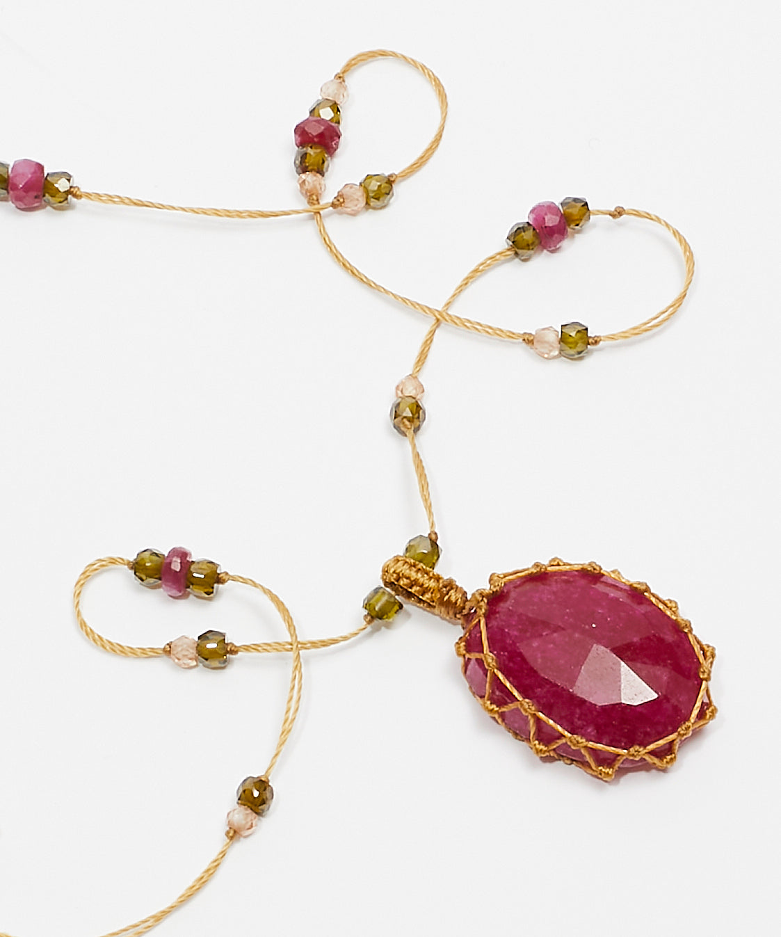 Collier Court Tibétain - Rubellite - Mix Tourmaline Rose - Fil Beige