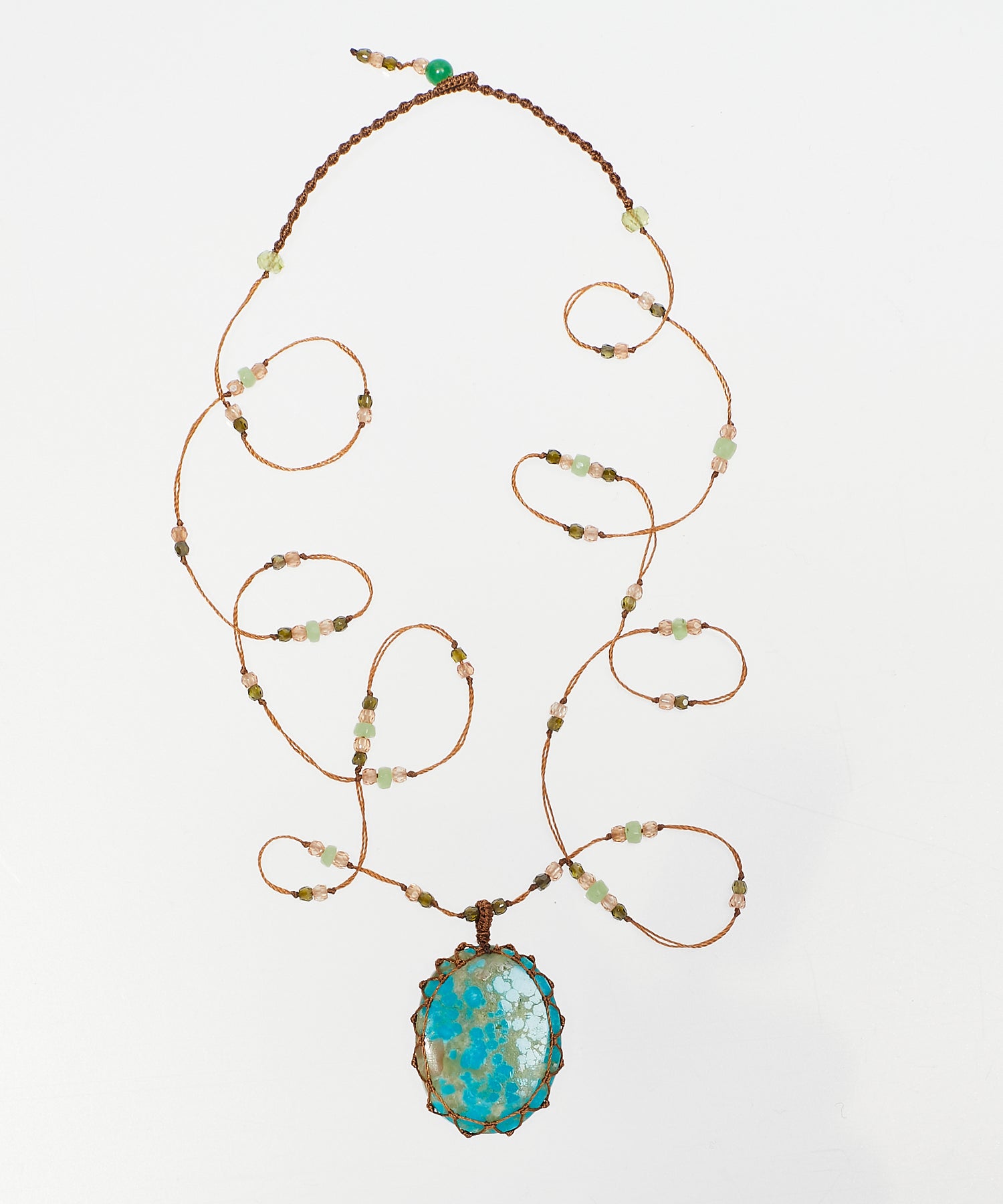 Tibetan Long Necklace - Turquoise - Chrysoprase Mix - Beige Thread