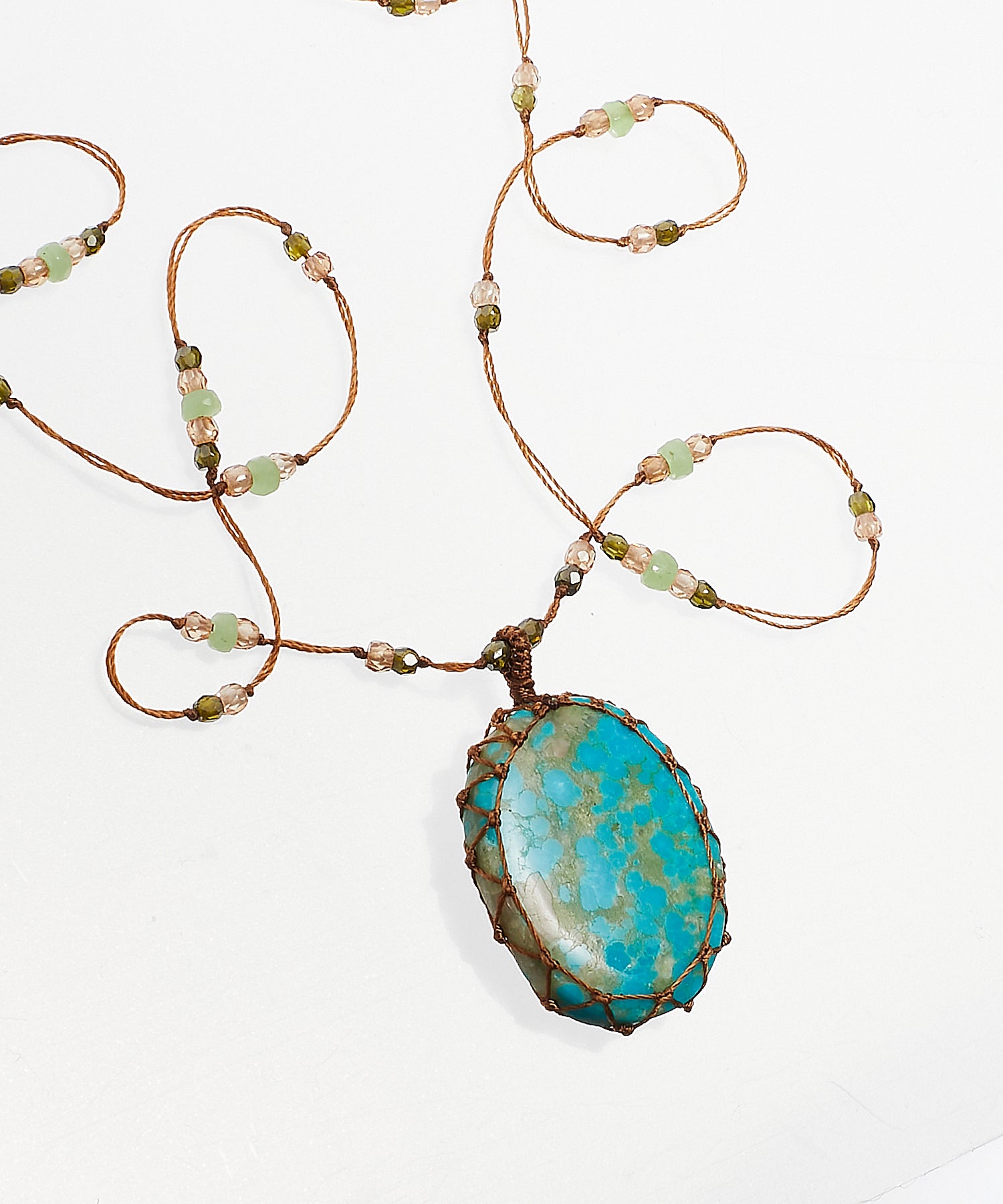 Tibetan Long Necklace - Turquoise - Chrysoprase Mix - Beige Thread