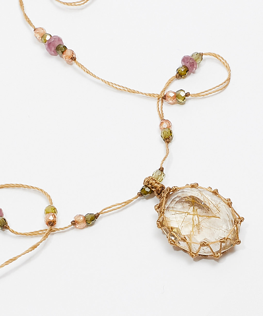 Collier Court Tibétain - Quartz Rutile Or - Mix Tourmaline Rose - Fil Beige