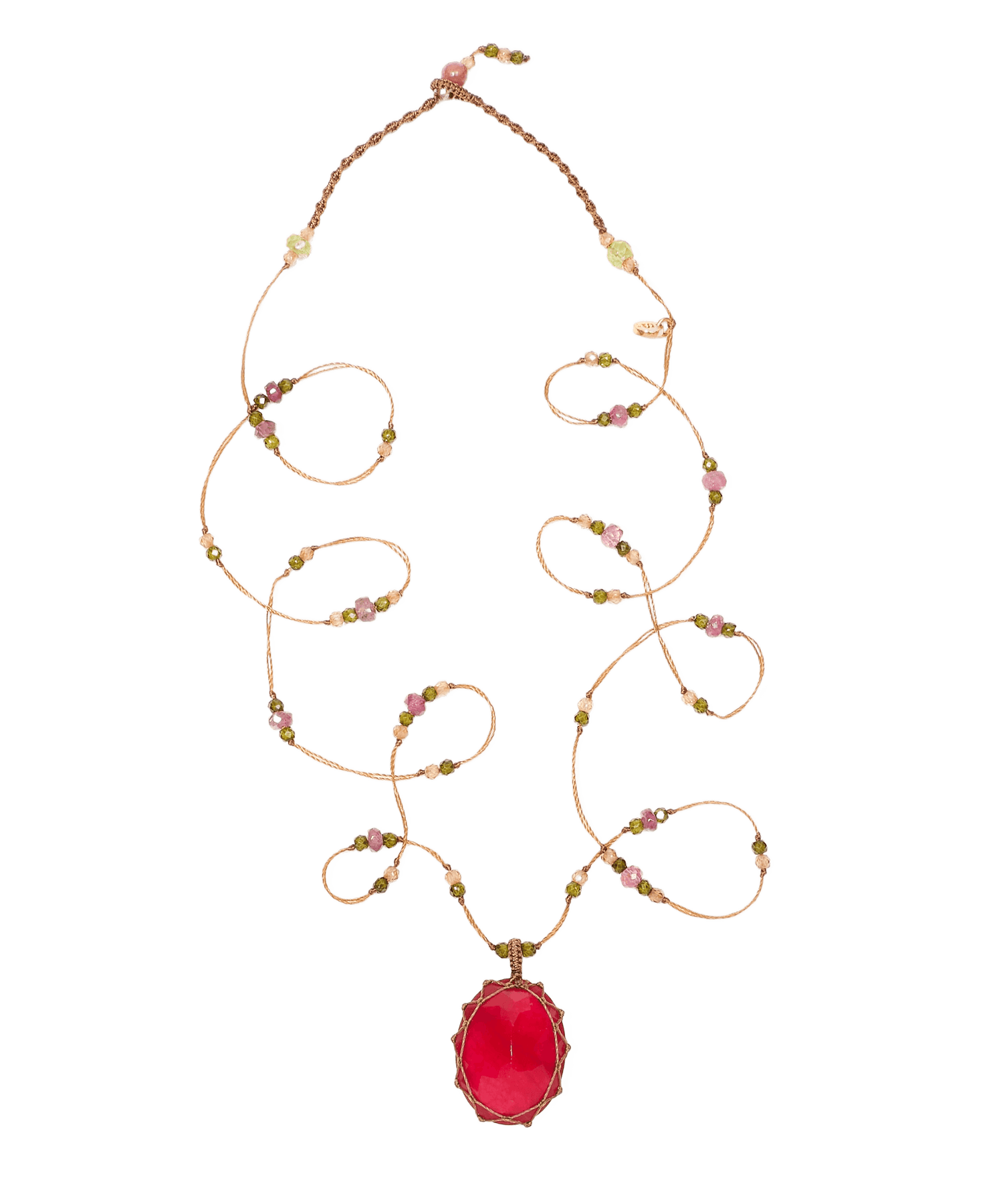 Long Tibetan Necklace - Rubellite - Pink Tourmaline Mix - Tobacco Thread