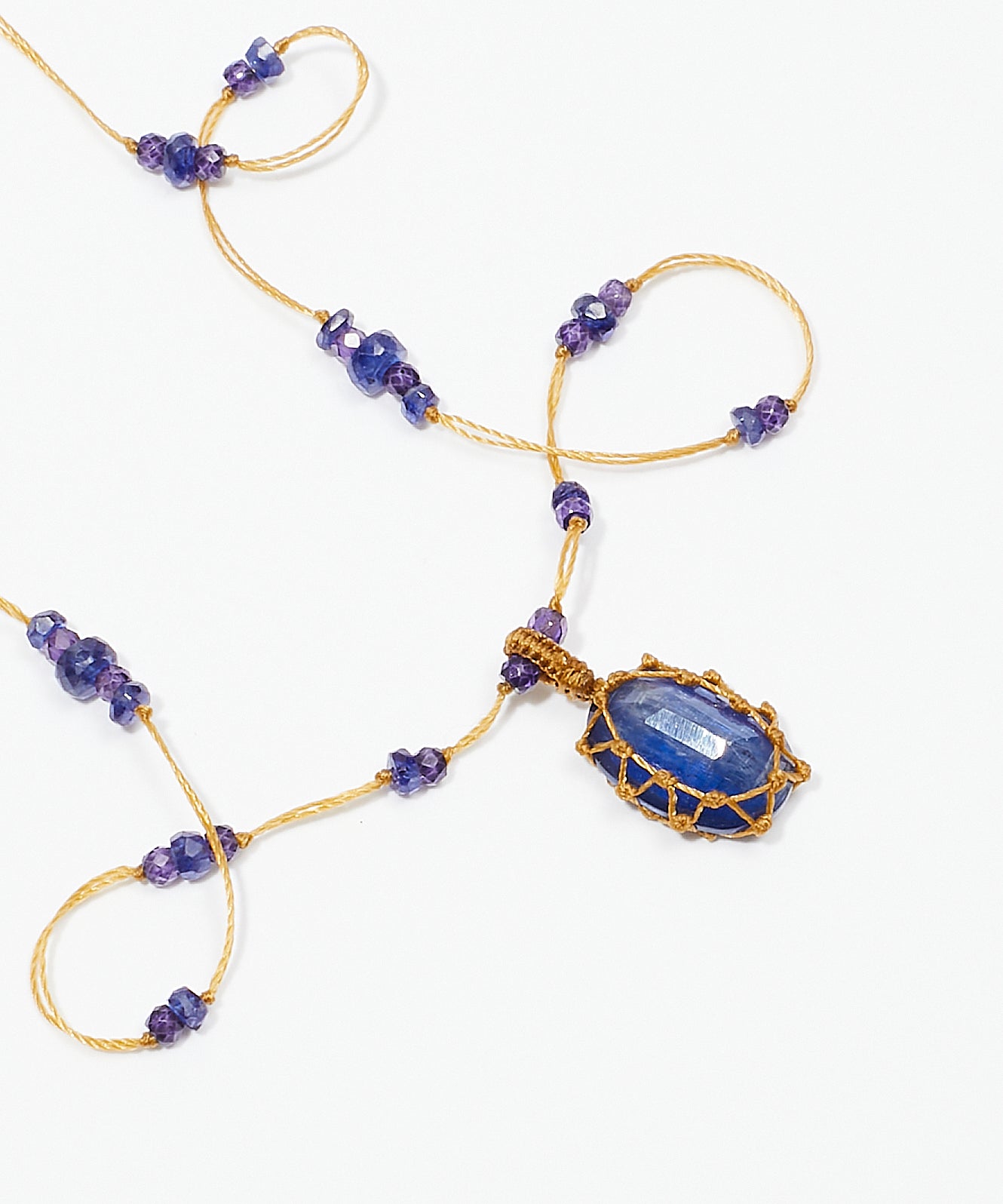 Collier Court Tibétain - Kyanite Bleue - Mix Saphir - Fil Beige