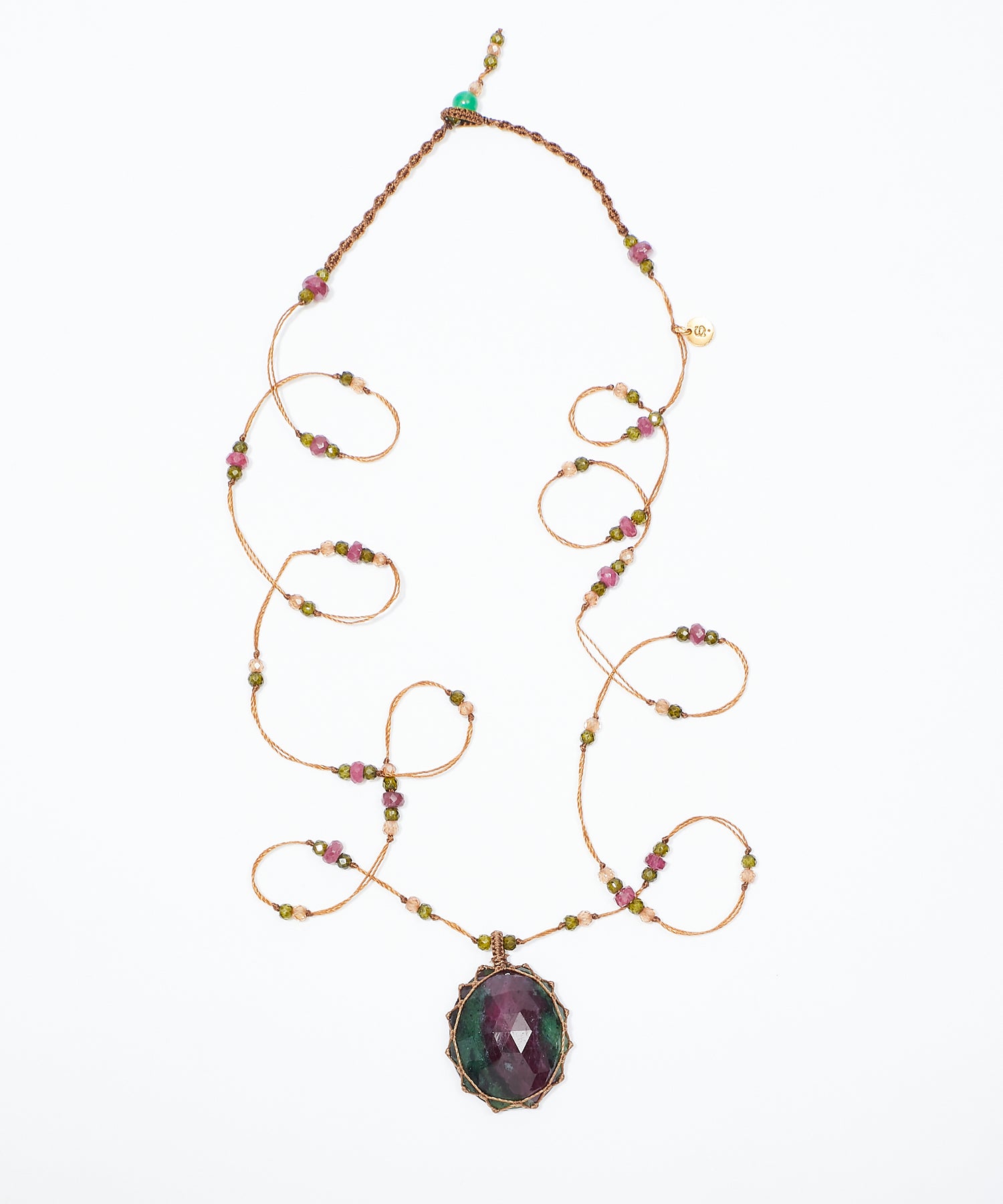 Tibetan Long Necklace - Rubisoizite - Mix Ruby - Fil Tabac