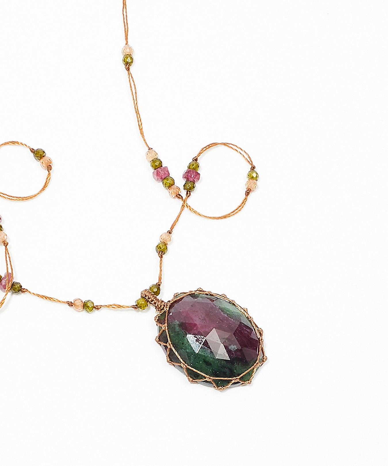 Tibetan Long Necklace - Rubisoizite - Mix Ruby - Fil Tabac