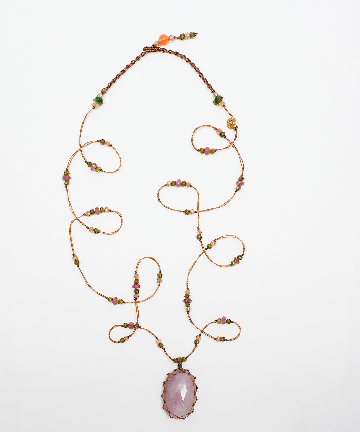 Tibetan Long Necklace - Pink Corundum - Pink Tourmaline Mix - Tobacco Thread