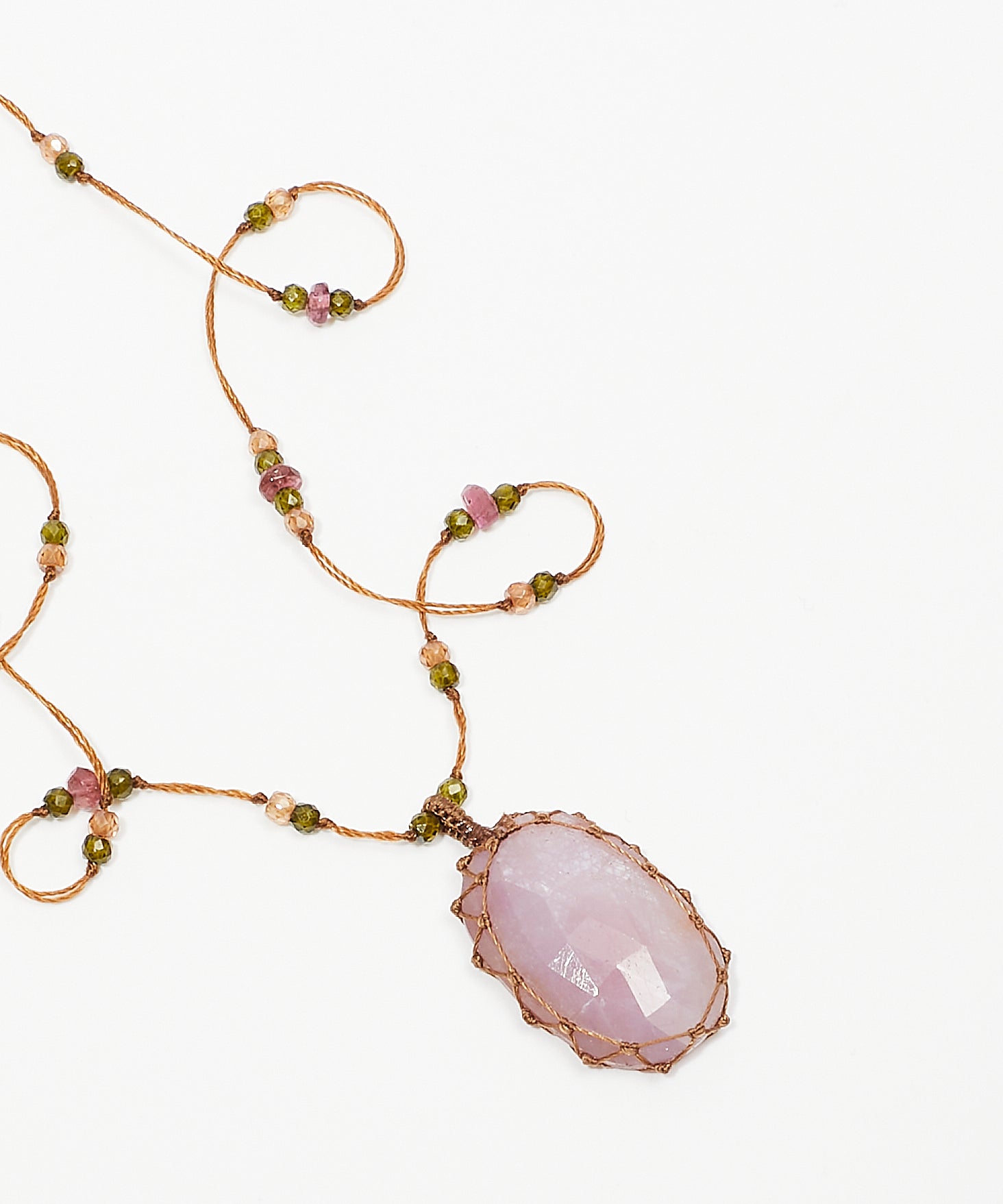 Tibetan Long Necklace - Pink Corundum - Pink Tourmaline Mix - Tobacco Thread