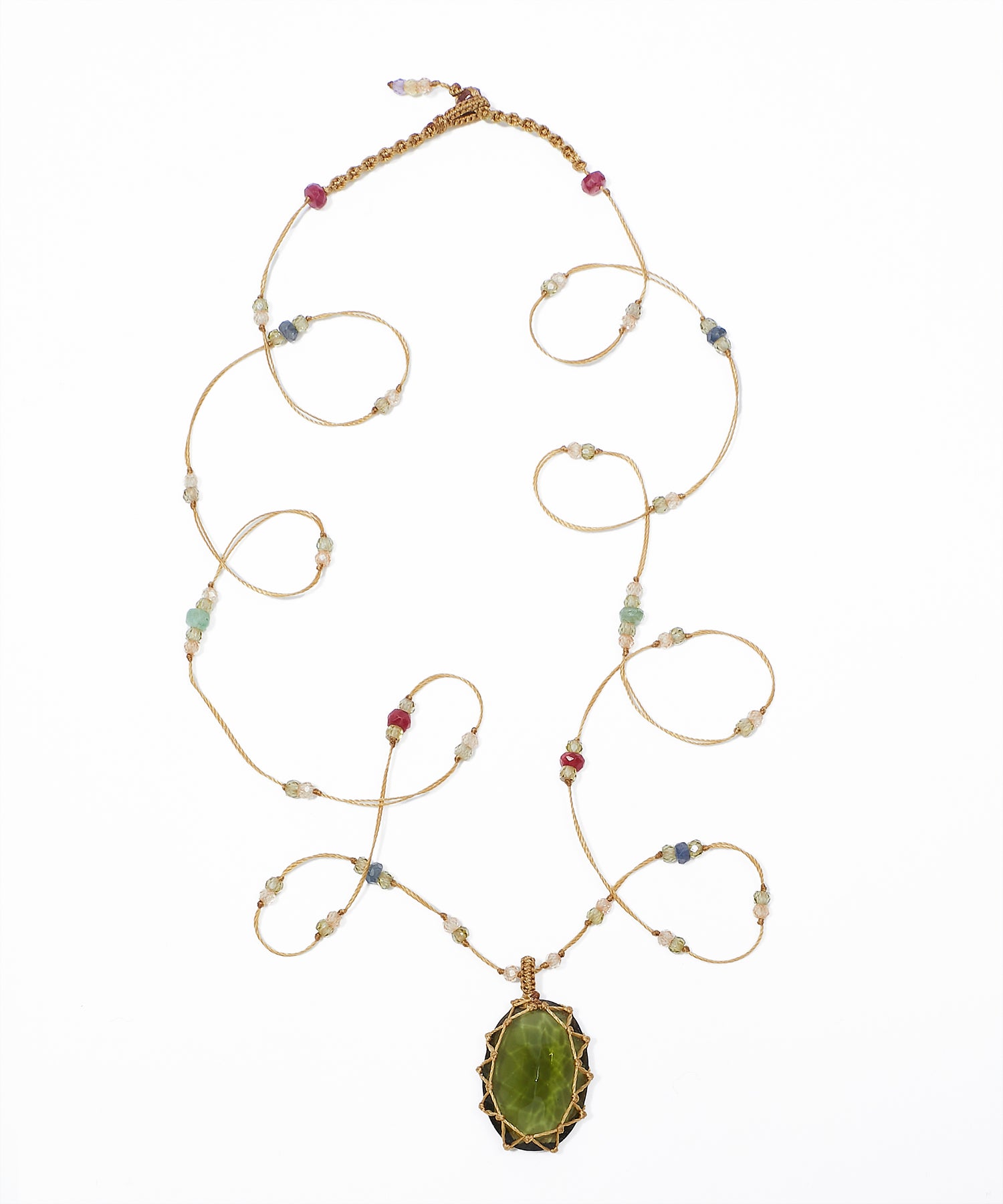 Tibetan Long Necklace - Moldavite - Precious Mix - Beige Thread