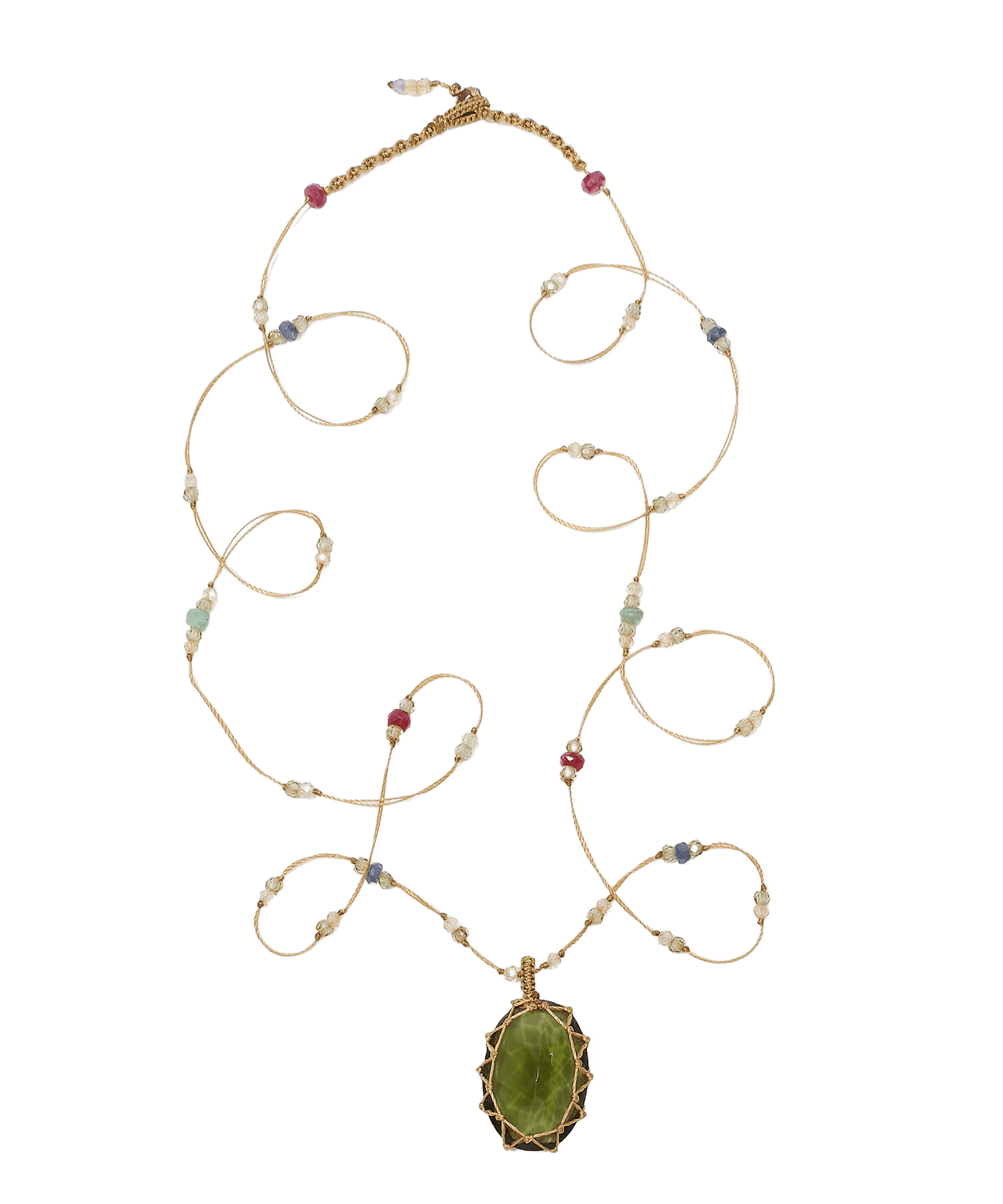 Long Tibetan Necklace - Moldavite - Precious Mix - Beige Thread